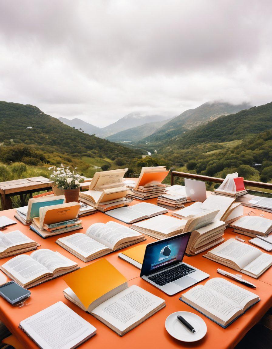 A whimsical landscape filled with oversized open books, each representing different blogging topics, surrounded by digital elements like wifi signals and social media icons. A diverse group of people, from young creatives to seasoned writers, joyfully collaborating at a long table covered with laptops and notepads, showcasing the journey of blogging. Bright and inviting colors to evoke a sense of inspiration and curiosity. super-realistic. vibrant colors. white background.