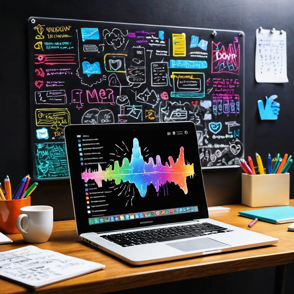 A dynamic digital workspace featuring a glowing laptop overflowing with colorful notes and sketches, symbolizing the transition from ideas to engaging content. Surround it with vibrant icons representing social media engagement, such as thumbs up and heart reactions. Enrich the scene with a warm ambient light and a chalkboard in the background filled with brainstorming notes. The atmosphere should inspire creativity and collaboration. super-realistic. vibrant colors. 3D.