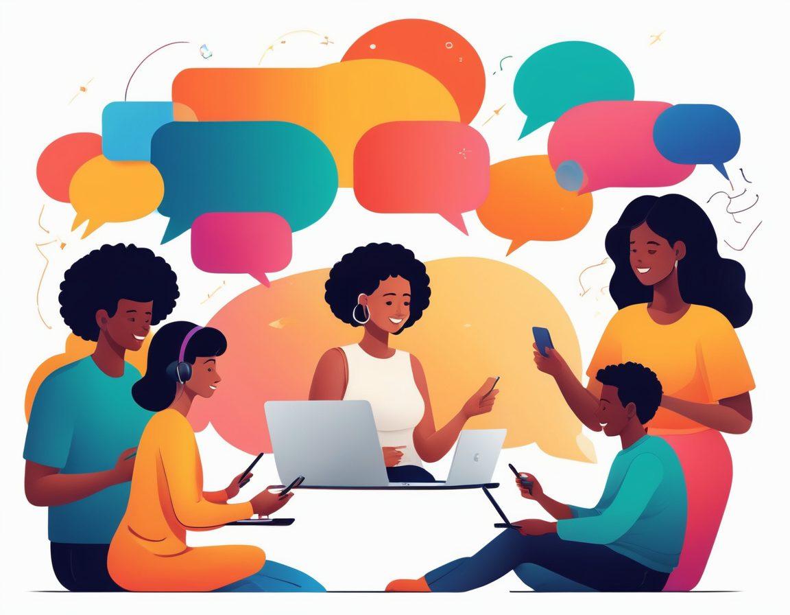A vibrant illustration of diverse people connecting over laptops and smartphones, sharing ideas through colorful speech bubbles, with a lively digital landscape in the background, symbolizing community and collaboration in the blogosphere. The overall scene radiates positivity and engagement. vector art. vibrant colors. white background.
